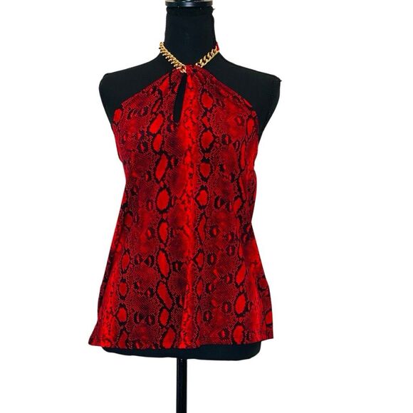 Michael Kors Snakeskin Print Keyhole Open Back Chain Halter Top Red Black Medium - Picture 2 of 5